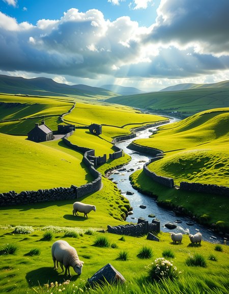 A breathtaking, high-resolution photograph of the rolling plains of Ireland, stretching endlessly under a vast, cloud-streaked sky. The landscape is a lush, vibrant green, with gentle hills covered in soft grass and dotted with scattered wildflowers. Ancient stone walls and winding dirt paths cut through the fields, marking old farmland boundaries. In the distance, a few solitary sheep graze peacefully, their white wool contrasting against the emerald grass. A small, clear river meanders through the valley, reflecting the soft light of the sky. The horizon is framed by low, misty mountains, adding depth and mystery to the scene. Above, the sky is a mix of bright blue and fluffy white clouds, casting dynamic shadows across the landscape as beams of sunlight break through. The atmosphere is serene, timeless, and rich with the natural beauty of the Irish countryside.
<lora:SDXLFaeTastic2400:0.4> <lora:extremely_detailed:0.4> extremely detailed, <lora:rolling_plains_of_1r3l4nd:1>,rolling plains of 1r3l4nd, Masterpiece,best quality,hi res,8k,hi res,8k,award winning,(sharp focus, intricate, highly detailed),