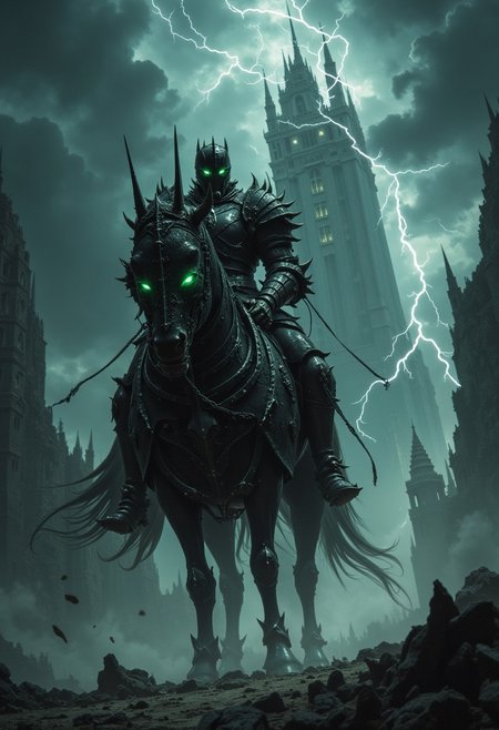 A dark, armored knight on a skeletal, demonic horse with glowing eyes rides through a stormy, apocalyptic landscape. Lightning cracks through the sky, casting eerie green light on the black, spiked armor. The towering castle in the background looms ominously, with debris scattered underfoot, evoking dread and power.