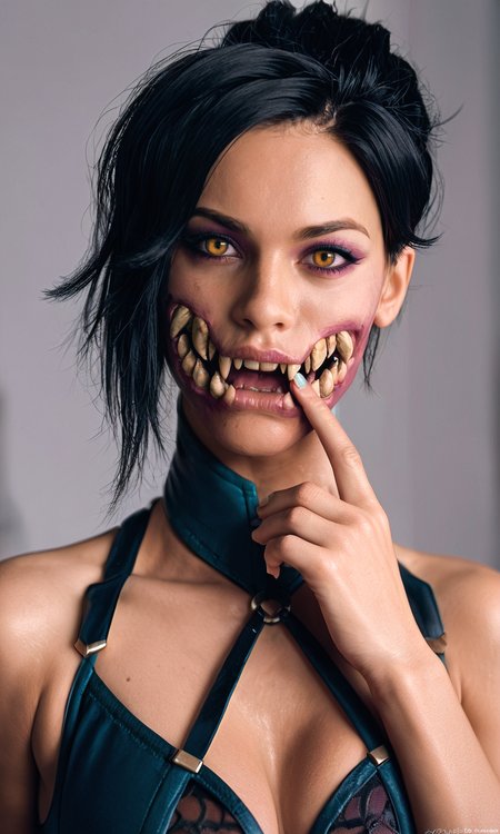 score_9, score_8_up, score_7_up, BREAK, zy_mileena, 1girl, black hair, yellow eyes, teeth, dark room, realistic, photo, real hair, detailed skin, highly detailed, detailed skin, depth of field, film grain, <lora:zy_Mileena_PonyRealism_v1:.7>