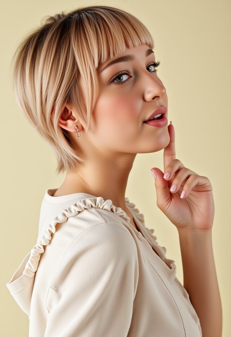 She is approximately 18 years old. Hyperrealism, she is looking at the camera, (dynamic angles), profile headshots of a beautiful, stunning unique female character. she has blonde hair. her eyes are filled with joy and excitement, extravagant eyelashes, a photo of Stephani3_LT, a woman wearing a white frilly shirt. The woman is posing confidently. simple cream colored background. She has a slight smile on her face and is looking directly at the camera. making this image a masterpiece of photography and digital art. realistic. making this image a masterpiece of photography and digital art. Style: realistic hyper-detailed rendering, 32k UHD, expressive eyes, punk, graphic design, girl's face, pretty and cute, gleaming lips, telling a tale of adventure. Exuding confidence and serenity. The overall mood of the image is happy and relaxed,detailed skin texture,(blush:0.2),(goosebumps:0.3),subsurface scattering,whimsical,Detailed hand, Perfect hand. Perfection style.