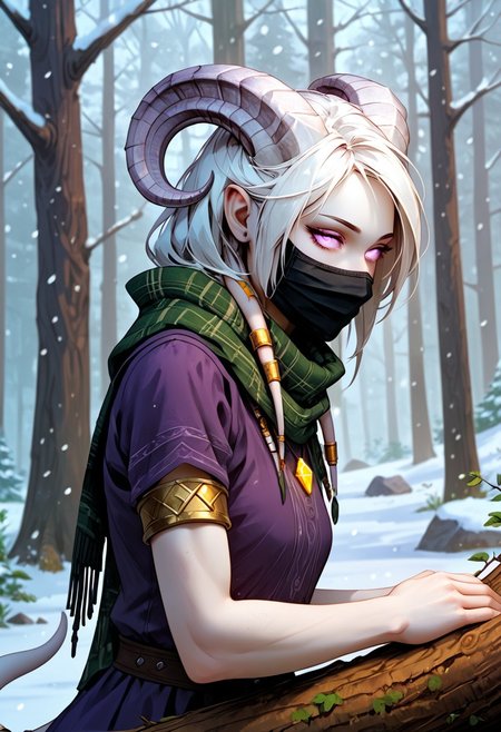 masterpiece, score_9, score_8_up, score_7_up, score_6_up, world of warcraft, fantasy, 
(female, draenei, h0rns, ram horns, white horns, tall, athletic arms, pale white skin, long white hair, purple eyes, long white tail, joyous face, four fingers per hand, long fingers), 
upper body, side view, sitting on log, resting on log, looking to viewer, close, 
(long loose purple dress, tail under dress, dark green silk scarf, simple armlet, small yellow gem pendant, black facemask), 
depth of field, outdoor, snowy forest, snow, bare trees, fur tent,  
<lora:add-detail-xl:1.5>