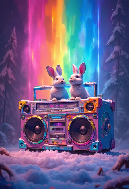 A colorful boombox style Cabin facing the viewer, rainbow aurora in the shape of a audio visualizer in the background, cute dancing bunnies, snow covered landscape, Vibrant Glow