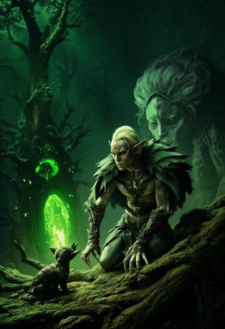 Beneath the gnarled canopy of a blighted forest, a pallid druid in fungus-laden leathers kneels beside rotting tree roots, cooing to corrupted woodland sprites that swirl with malevolent green glows.
   , aidmabaldursgate3, aidmafluxpro1.1,