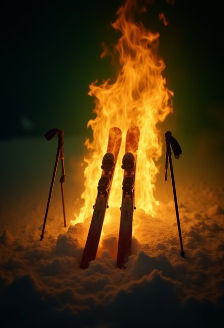 An pair of skis and ski poles completely engulfed in flames, inferno, blazing, concept art, masterpiece, perfect lighting, green flames, 4k, absurdres,
