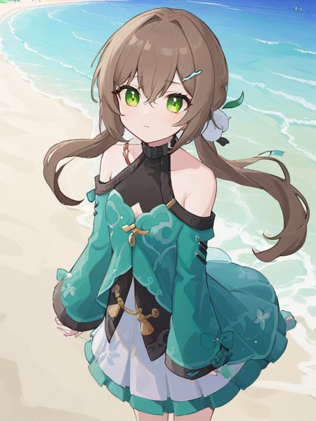 <lora:XL_qingque girl2:1>,qingque girl,green eyes,brown hair,cascadelle\(hairstyle)\,stellarrayed\(clothing)\,beach,