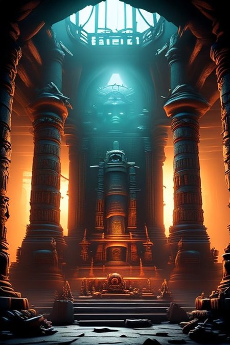 A sinister and exotic digital painting, (HDR, Unreal Engine:1.4),The Lost Shrine of the Ape God, a central jeweled stone idol, evil hideous idol, ancient and crumbling pillars, very dark, eldritch braziers, ancient stone steps, (grotesque carvings:1.3), high dome, shaft of sunlight, old and dreadful, bones, age haunted, (terrifying:1.2), magnificent, decadent, degenerate, (perfect composition, maximalist and detailed:1.2), (masterpiece:1.4), (high quality:1.3), subsurface scattering, volumetric lighting, heavy shadows, Temple, evilrealm