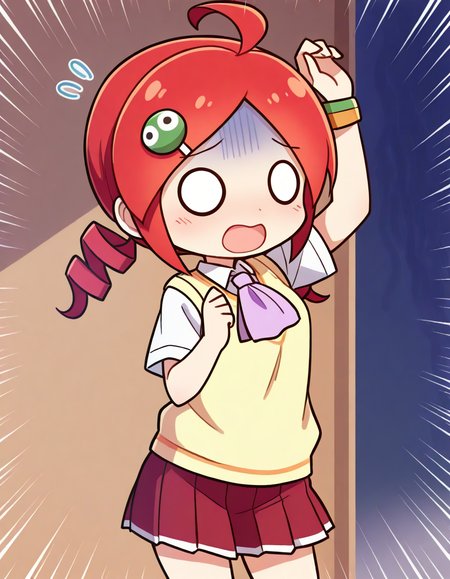 <lora:PAndouRingo_SDXL_Illustrious01_fp16_ver01:1>,PAndouRingo, 1girl,solo,red hair,white eyes,twin drills,character hair ornament,school uniform,ascot,sweater vest,bracelet,red skirt, cowboy shot, <lora:hotarueye_xl_comic04_v10_ill:0.5>,open mouth, chibi,o_o ,flying sweatdrops, gloom \(expression\), arm up,, masterpiece, best quality, very aesthetic, absurdres,<lora:detailed_hands:1>,hand