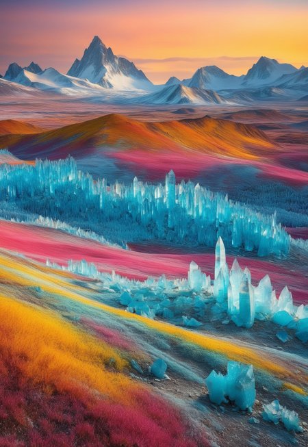Fantastic image of a mystical tundra landscape, where the ground is covered with enormous, towering crystals that grow in various directions. These crystals are vibrant and multicolored, reflecting the light in a dazzling display of colors. The crystals vary in size and shape, creating a surreal and otherworldly environment. In the distance, a massive crystalline mountain dominates the horizon, its peaks shimmering in the sunlight. The overall mood is one of enchantment and awe, with a sense of wonder and mystery permeating the scene
 <lora:add-detail-xl:1>
 <lora:Dynamic Poses:1>