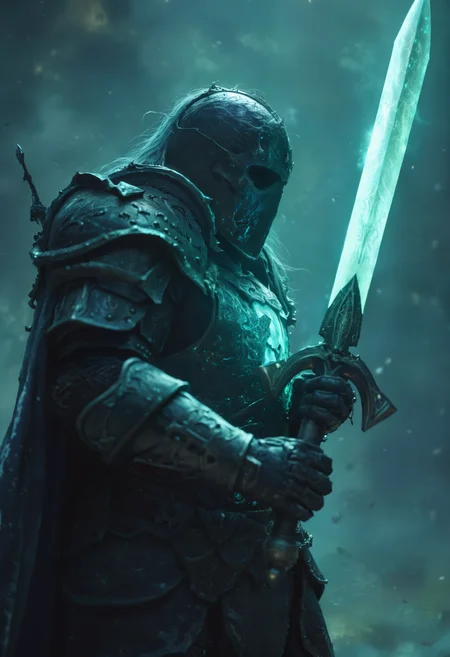 highly detailed and hyper realistic, a close up of a Death Knight holding a giant glowing sword, concept art, fantasy art, Lich King, splash screen art, cyborg necromancer, epic full color illustration, in dark souls manner, fallen knight, wraith, overlord, Wow, dark
<lora:xl_more_art-full_v1:0.5> <lora:add-detail-xl:1>