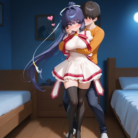 solo,masterpiece, best quality, amazing quality, very aesthetic, high resolution, ultra-detailed, absurdres, newest, detailed hair, depth of field, photorealistic details, 1girl, BREAK,
konohana lucia,18yo, young,virgin,long ponytail, rewrite uniform,skirt,frilled uniform, white ribbon, black thigh highs, gradient hair,medium breast, slim, hourglass body, female focus, skinny, full body
BREAK, 
horny, sexy, loving, hearts, female hands tied behind the back, looking away, looking straight, motion blur, breast trembling,disheveled, BREAK, cute, horny, big round eyes, eyes wide open,night,moonlight,(in a cozy bedroom:1.2), seductive standing, sexy standing, seductive embarrassment,wavy mouth, beauty thighs,bed,1boy, hug from behind, clothed male, faceless male, male licking female's cheek from behind
