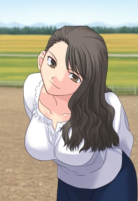 masterpiece, best quality, <lora:Tsukihime NXL:1>,solo,masterpiece, best quality, 
1girl, female focus, large breasts,  solo, brown eyes, thin brown highlights in hair, black hair, thin blonde highlights in hair, long hair,wavy hair, hair part, side part, hair slicked back, small mouth, short nose, small nose, cute face, soft hair,
outdoor, farm, sunny day, head tilt, hands behind back, leaning forward, quarter view,  innocent smile, cheerful feeling, feminine, girlish, cute