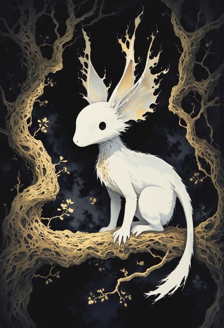 Studio Ghibli Dark Fairytale, A single, white origami dragon perched on a branch of a Sakura, golden tree. Surreal and minimalist. Dark Art, oriental art, ultra high res,