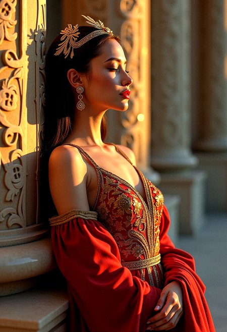 a serene woman in Byzantine-inspired attire, leaning gracefully against an ornate column, eyes closed in quiet contemplation, intricate mosaic patterns on a flowing gown, late afternoon with the warm glow of twilight, photorealistic rendering, ultra-high-definition textures, dynamic and warm lighting, deep golds and reds, detailed lace and fabric textures, cinematic composition, contemplative and serene atmosphere, natural shadows and reflections, rich and vibrant colors, peaceful expression, highly detailed jewelry, luxurious materials, smooth transitions between light and shadow

Body Pose: Leaning gracefully against an ornate column, eyes closed in quiet contemplation.

Time of Day: Late afternoon, with the warm glow of twilight.

Mood: Contemplative and serene.

Aesthetic: Byzantine grandeur, deep golds and reds, intricate mosaic patterns.






