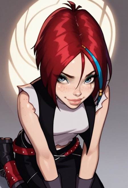score_9, score_8_up, score_7_up, ( realistic:1.4), source_cartoon, source_western,
artificial light source, rating_lewd, 
1girl, (((solo))), solo focus,
20 years old, 
xmirtax, red hair, short hair, blue eyes, streaked hair, freckles, 
medium breasts, 
(white shirt, sleeveless, vest, black skirt, loose belt, pants, boots), 
teasing, (beautiful face, beautiful eyes, beautiful makeup, eyeliner, eyeshadow, long eyelashes, sexy smile, soft lips, full lips, seductive), dynamic sexy pose, sexy smile, aroused, horny, looking at viewer, very sexy, very cute, shiny skin, Expressiveh,