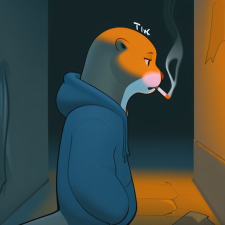 <lora:Inkune-09:0.8>inkune,
masterpiece,best quality,amazing quality, sfw,
BREAK
solo, otter, male, no human,
BREAK
1boy, no hair, fussy hair, displeasure expression, tired, hoodie, hood,
standing, smocking, 
from side, half body, night, dark ambient, cigarette light, alley, focus face