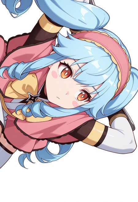 masterpiece,high quality details, absurdres, 
lying, hands behind head, knee bent, relaxed, casual,  ,
 <lora:Michiru_Kusagakure:0.8>
ninja,michiru_cnr, 1girl, blue hair, long hair, twintails, drill hair, sidelocks, orange eyes, blush stickers,
dress, pink capelet,fingerless gloves, elbow gloves, white thighhighs, hairband, yellow bow,yelow armlet,, :c,, simple background, white background, sideways,solo,