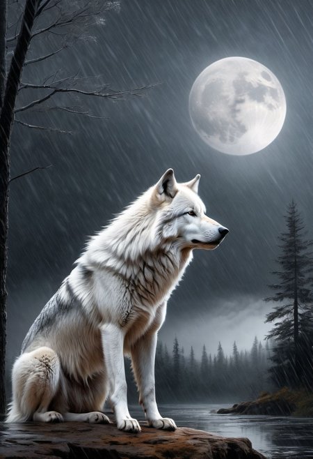 white-gray wolf, sad, determined. lonely wolf, abandoned by his pack, looking at his friends from far away, (((howling)))m white fur, Royal, in a heavy rain, full moon, it's head is down, Photorealistic, volumetric shading, Hyperdetailed, Dystopian, Elemental, Ethereal, Photorealistic, perfect composition, beautiful detailed, 8k artistic photography, soft natural volumetric cinematic perfect light, award - winning photograph, masterpiece,