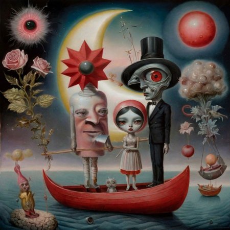 watercolor of a  lowbrow art style, surreal summerscape sunset,with   Pepita  a red dada and a dede hat, holding a large dada that shields  fairytale landscape, hyperrealism, micro-details, surreal, detailing, transparent watercolor+ink, pastel shades, clear outline, stardust, incredible beautiful landscape, dark botanical,dark fantasy,multicolor,multilayer, 3d, threads, fibers, engraving, color illustration, star map, moon, volumetric, unusual fluffy flowers"couple with a  man, a bright white face, and women dark black face with red eyes looking straight at you in a boat More surrealism and madness.much more surrealism and crazy designs. With gold and cardinal red surreal Salvador Dali clouds coming out of her head.more surrealism and bizarre designs with bright vibrant colours.