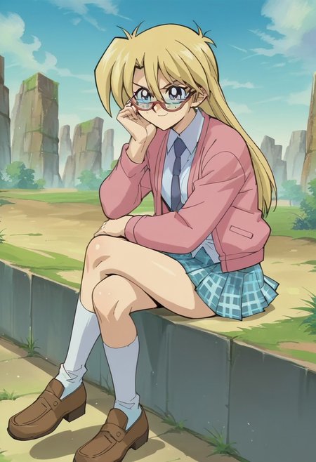 uncensored, score_9__up, score_9, score_8_up, score_8, score_7_up, score_7, score_6_up, score_6, score_5_up, source_anime, anime screencap, anime coloring, highres
smug, sitting, crossed legs, outdoors, 1girl
YGORebecHawki, 1girl, Blonde Hair, freckles, blue eyes, RH2, long hair, hair between eyes, glasses, semi-rimless eyewear, red-framed eyewear, pink sweater, jacket, white collared shirt, blue necktie, teal skirt, plaid skirt, sock, brown footwear, loafers,