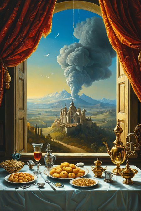 Baroque, Baroque, landscape,creator landscape, "something strange in my cereal!!!!!! 🥣, by zdzislaw beksinski, by dariusz zawadzki, by john jude palencar, gothic, surrealism, cosmic horror, lovecraftian, cold hue's, warm tone gradient background, concept art, close up, scene in dining room, beautiful composition",
<lora:clear:0.15> style of Michael Cheval.
<lora:greg_rutkowski_xl_2:0.3> greg rutkowski,
 clear <lora:tbh129-sdxl:0.3>,
<lora:extremely_detailed:0.7> extremely detailed ,
<lora:add-detail-xl:0.7>,, Fantasy painting art style, imaginative, dynamic composition, professional-grade execution, creates immersive world and landscape, painterly, epic, magical, dramatic, exuberant, grandeur, baroque art, oil painting art style from Renaissance period, masterful composition, Renaissance mood, renaissance oil painting, brush strokes, dramatic, exuberant, grandeur, baroque art