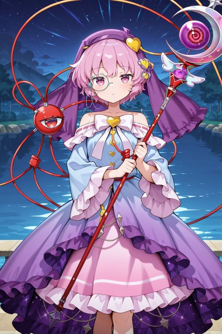 absurdres, highres, masterpiece, best quality, amazing quality, official anime artwork, screencap, anime screencap, looking at viewer, outdoors, night, lake, 
<lora:Komeiji-Satori_IllustriousV2:1> komeiji satori, 1girl, solo, pink eyes, pink hair, short hair, third eye,, komeiji satori \(astrological magical girl\), adapted costume, purple veil, monocle, monocle chain, heart hair ornament, off shoulder, white bowtie, yellow buttons, heart button, blue dress, frilled sleeves, long sleeves, wide sleeves, gradient dress, starry sky print, magical girl, pink skirt, holding staff,
