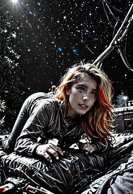 score_9, score_8_up, score_7_up, Realistic, cinematic shot, selective color, monochrome background, 4k, Gadget, side view,
1girl, solo, 
(((Girl in an alien forest, correct hand anatomy, shocked, crying, tears,  on all fours, mouth open, gasping, looking over her shoulder, strained face,  dramatic angle, rear view, view from back, looking back, looking at viewer, from behind, full body shot))), 

blonde, grayscale with red highlights, 18yo, smile, perfect face, stunning, breathtaking face, detailed face, perfect teeth, expressive eyes, extremely cute, medium boobs, round stomach, easynegative, ALRGFC, alluring face, sexy, hetero, flushed, red top of cheek,

Work clothes, space mechanic outfit,

Detailed background, alien jungle, alien flowers, alien fauna, lianas, impossible trees, two moons, outdoors,

pdcUitCU5_, highres, absurdres, in focus, sharp focus, negative_hand,

Stable_Yogis_PDXL_Positives, CyberRealisticPony_POSV1, 
