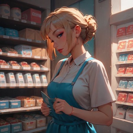 score_9, score_8_up, score_7_up, score_6_up, 1girl, gorgeous woman, kawaii face, 25 years old, blonde woman, 
working in a japanese convenience store, company uniform, company hat,
