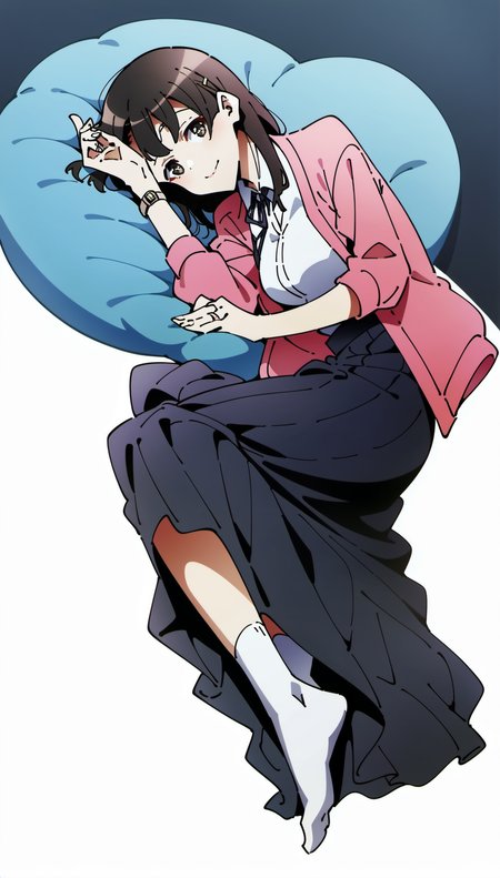 score_9,score_8_up,score_7_up,
<lora:megumikato:1>,megumikato,
1girl,solo,black hair,bangs,long hair,hairclip,brown eyes,pupils,looking at viewer,smile,pink cardigan,white shirt,dark blue ribbon tie,wristwatch,finger ring,sheer overskirt,black undershirt,white socks,full body,on side,laying on blue pillow,hand supporting head,white background,