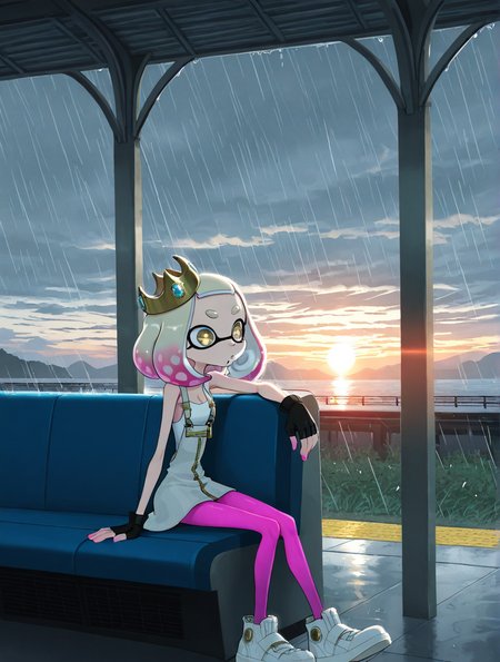 high quality, best quality, masterpiece, highres, very aesthetic, absurdres, <lora:illustrious_quality_modifiers_masterpieces_v1:.6>, detailed hair, <lora:NSFWFilter_illusXL_Incrs_v1:-.5>, solo, arm rest, 
Pearl \(Splatoon\), medium hair, tentacle hair, two-tone hair, pink hair, white hair, yellow eyes, symbol shaped pupils, eyeliner, thick eyebrows, mole under mouth, small breasts, crown, white dress, black fingerless gloves, pink pantyhose, white shoes, blazer, overalls
, outdoors, horizon, in a train station, morning, sunrise, raining, heavy rain, cloudy, dark, <lora:HoneyMapache:.8>, big eyes, skinny