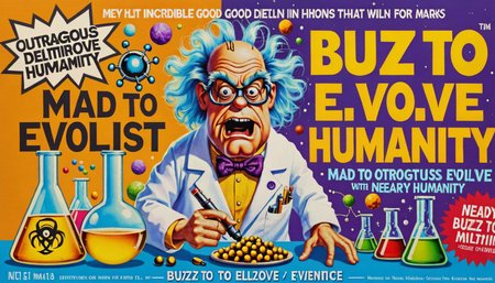 (incredible detail, outrageous good quality, high definition, masterpiece), mad scientist doing work, nearby text with "buzz to evolve humanity"