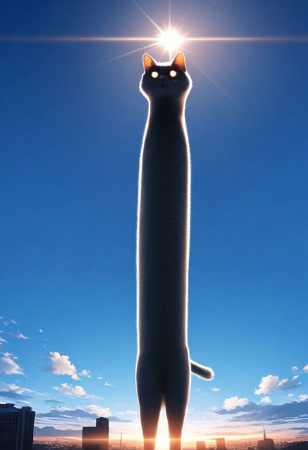 longcat (meme), no humans, cat, sky, glowing, city, cloud, scenery, cityscape, building, glowing eyes, giant, animal focus, backlighting, sunlight, sky, blue sky, 
masterpiece, best quality, amazing quality, very aesthetic, absurdres,
<lora:concept_longcat_Illustrious_V2L:1>