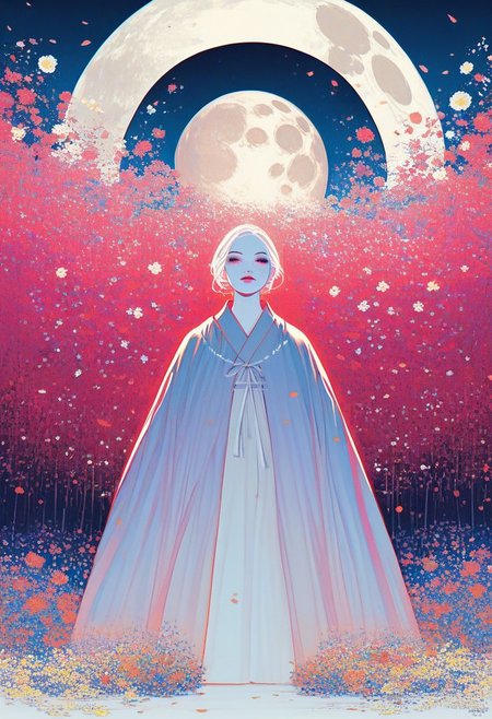 zPDXL3, 1woman, robe, moon, flowers, white skin, highly detailed,   high resolution, best quality, sharp quality,  clear quality, High-definition, smooth image, bright colors, vibrant colors, colorful, clean lines,