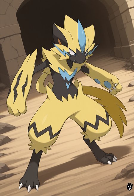 masterpiece,best quality,amazing quality, 1boy, solo, z3r40r4, pokemon (creature), blue eyes, black skin, yellow fur, full body, outside,