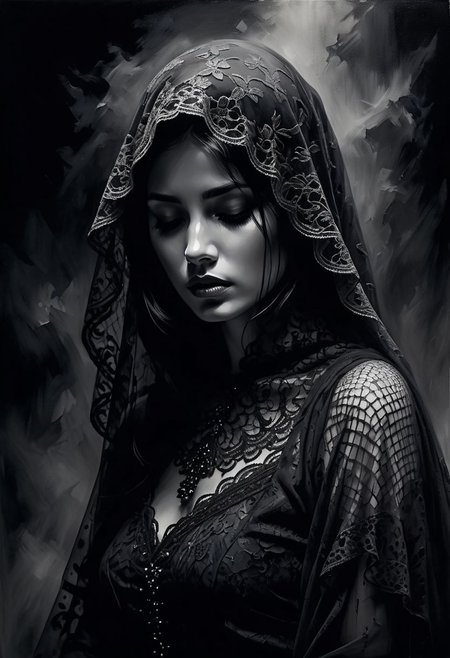 Oil painting featuring a figure embodying pain and sadness, lace accents adorning their form, plunged in a shimmering dark ambience, elements of fog mingling with sharp details in a play of contrast, black and white palette, emphasis on textured brushwork, expressive facial features partially veiled by shadows, chiaroscuro technique, volumetric atmosphere, ultra realistic, dramatic lighting