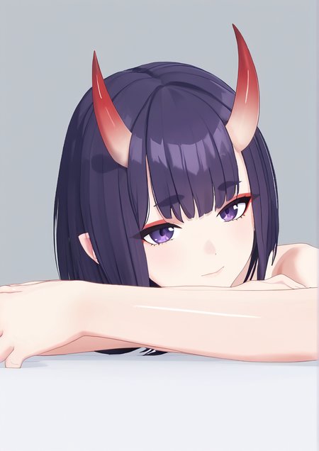 1girl, shuten douji (fate), huge breast, 3d, ass, bare shoulders, barefoot, bow, close-up, closed mouth, eyeshadow, feet, foot focus, foreshortening, gem, gradient horns, green gemstone, grey background, head rest, horns, looking at viewer, looking back, lying, makeup, medium hair, multicolored horns, on back, on stomach, oni, oni horns, petite, pink bow, purple eyes, purple hair, red eyeshadow, shiny skin, skin-covered horns, soles, solo, the pose, toenails, toes, <lora:blue_archive_Official_3d_models_style:1>