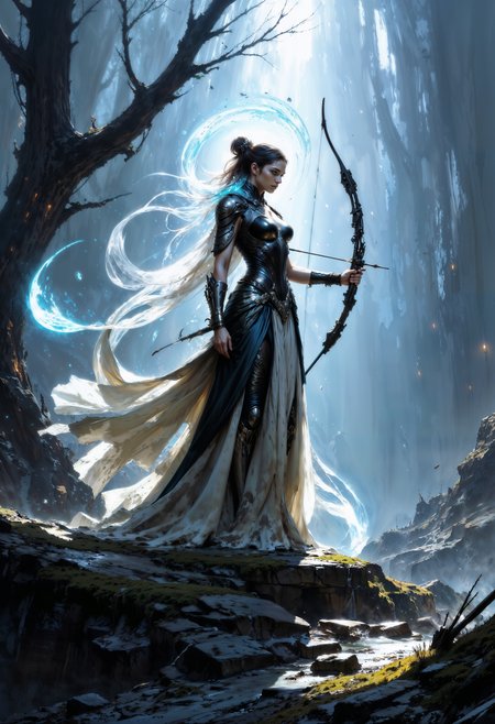 a female warrior standing on a rocky terrain. She has long, flowing white hair and is dressed in intricate, metallic armor with a dark blue and silver color scheme. Her skin is pale, and she holds a large, ornate bow in her left hand, with a quiver of arrows on her back. The background is a mystical forest with tall, dark trees and a glowing, ethereal light illuminating the scene from above. The atmosphere is otherworldly, with swirling blue energy orbs surrounding the warrior, adding a sense of magic and power. The composition is vertical, emphasizing the height and elegance of the character, with a focus on her poised and confident stance.  <lora:artisketchyfs-v02:0.65> <lora:FluxMythP0rtr4itStyle:0.7>  <lora:FluxDFaeTasticDetails:0.5> <lora:Midjourney:0.3>