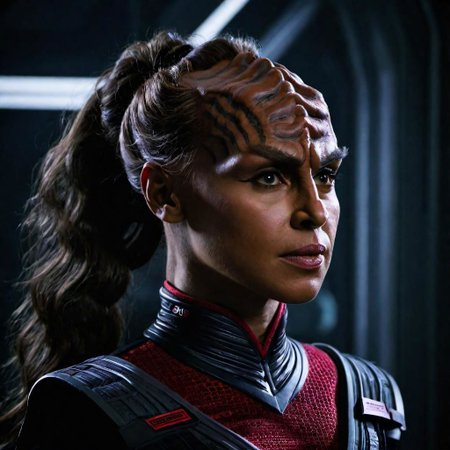 young woman scientist in an advanced laboratory setting, klingon features, skin tight red and black federation uniform, pretty, genius, hair tied in tight ponytail, award winning portrait, ultradetail, cinematic lighting