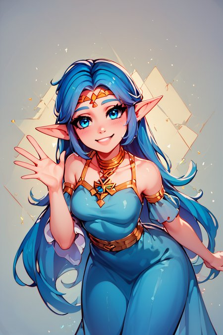 score_9, score_8_up, score_8, medium breasts, (curvy), cute, eyelashes,       BREAK, , <lora:NayruZelda_PDXL_epoch02:0.8>,  zzNayru, blue hair, dress, bare shoulders, jewelry, very long hair, blue dress, elf, circlet, BREAK, looking at viewer,  smile, waving, upper body, leaning forward, head tilt,  embedding:zPDXL, Expressiveh, <lora:CatalystStylePDXL:0.6>,  <lora:SDXLFaeTastic2400:0.5>,  <lora:Expressive_H-000001:0.4>,
