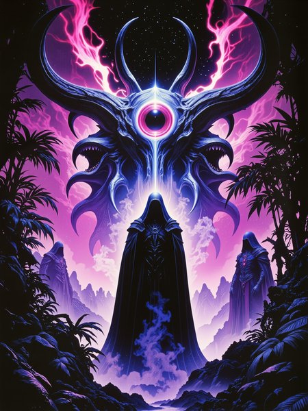 famous artwork, hyper-realistic, photo-realistic, award-winning 80s cinematic fantasy movie still in an otherworldly jungle, highly aesthetic, high resolution, uhd, 8k, 4k, dramatic, epic, meticulous, accurate, at night, rule of thirds, in the heart of the jungle, where shadows dance and bleed, a beautiful chaotic melody, where depravity finds its seed, neon lights paint a picture, of a world immersed in sin, a collision of emotion and violence, where numbness dwells within, sense of impending doom, star-choked sky, black knight, silhouette of a hooded figure, evil eye, sinister glow, vision of dread, void-born abomination, high contrast, color gradients, the color palette is predominantly midnight purple and obsidian black and navy blue and fuchsia and viridian, lovecraftian, cthulhu mythos, ovg, arsmoviestill, dndgr41nyb0yz style, aidmafluxproultra, <lora:flux_pro_ultra-extreme_detailer-v0.1-flux-by_aidma:0.48> <lora:style-80s_fantasy_movie-v3-flux-by_arsmachina:1.0> <lora:style-dnd_grainyboyz-romulus-flux-by_kimwithdapuss:0.48>