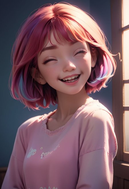 score_9, score_8_up, score_7_up, score_6_up, brightly dyed hair, short layered hair, laughing, head tilt, 1 girl, casual outfit, adorable, side view, facing viewer, round face, 18 years old, cutest girl in the world, 43stl1ght1ng, low light, dramatic lighting, darkness,