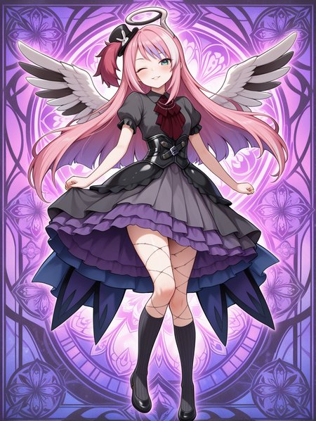 angel,ghostrick angel of mischief,1girl,solo,one eye closed,stitched heart,smile,purple frame,full body,stained glass print,looking at viewer,blush,parted lips,black layered dress,red ascot,black corset,black mini top hat,veins,black kneehighs,black shoes,purple theme,
masterpiece,best quality,amazing quality,very aesthetic,absurdres,newest,<lora:Ghostrick Angel of Mischief illusXL v1:0.7>,
