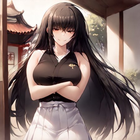 score_9, score_8_up, score_7_up, source_anime, uncensored, zPDXLxxx, <lora:intricate_details:0.5> intricate_details_xl, 
<lora:DOJO:0.8> DOJO, sliding doors, architecture, east asian 
score_9, score_8_up, score_7_up, 
1girl, kawakami momoyo, long hair, black hair, red eyes, 
narrowed eyes, smile, looking at viewer,
black shirt, sleeveless, white skirt, crossed arms, arms under breasts, large breasts,