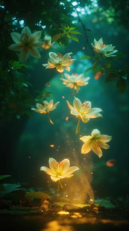 Photorealistic macro photography, capturing swirling, luminous forms reminiscent of a lava lamp, but composed of blooming Lily blossoms. The blossoms cascade through a deep indigo and emerald green environment, illuminated by soft, diffused golden light. Delicate petals drift and intertwine, creating a sense of tranquil motion and otherworldly beauty. The composition utilizes the rule of thirds, with a shallow depth of field emphasizing the foreground blossoms against a softly blurred background, evoking a dreamy, nostalgic atmosphere.