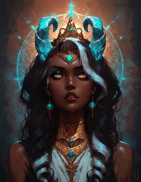 score_9, score_8_up, score_7_up, score_6_up, score_5_up, score_4_up,  A regal (queen:1.4) with (Indian heritage:1.3), her (brown skin:1.3) glowing with a soft radiance, sits majestically. She has (gold eyes:1.3) that shimmer with wisdom and power, and her (ivory brown skin:1.4) adds to her ethereal beauty. Her (black hair:1.3) is striking, accented with (white highlights:1.2) that give it a unique and distinguished look.  Adorning her head are (turquoise glowing horns:1.3) that spiral gracefully, merging seamlessly with her (ram horns:1.3), creating an awe-inspiring and mystical appearance. Her attire is opulent, with (intricate gold jewelry:1.2) and (traditional Indian garments:1.2) that complement her royal presence.  The background is a lavish (palace setting:1.2), rich with (detailed carvings:1.1) and (luxurious decor:1.2), enhancing the queen's majestic aura and the (mystical glow:1.2) of her horns, symbolizing her power and grace.