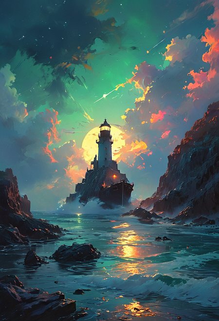 Under the eerie glow of a full moon, a dark and ominous landscape unfolds. A vibrant, colorful ship stands by the edge of a serene ocean, its vivid hues contrasting starkly with the foreboding atmosphere. In the background, a lighthouse stands atop jagged rocks, its light cutting through the darkness and reflecting off the ocean's surface, glistening in the moonlight. Thick, swirling clouds loom overhead, adding to the sense of an evil presence. The moonlight filters through the clouds, casting an otherworldly glow over the scene. A falling star streaks across the sky, adding a touch of mysticism to the night. The air is thick with a sense of ancient secrets and dark magic, as if the very night is alive with hidden power.  [romantic impressionism,dream scenery art,beautiful oil matte painting,romantic,style of thomas kinkade,beautiful digital painting,anime landscape,romantic painting,dreamlike digital painting,colorful painting,beautiful gorgeous digital art,style of greg rutkowski,janek sedlar,jenny saville:0]  <lora:vivid_everclear:0.6>  <lora:Sinozick:1>  <lora:MJ52:0.75>