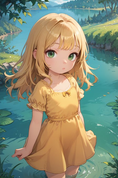 score_9,score_8_up,score_7_up,score_6_up,score_5_up,score_4_up,
1girl, solo, posmach, looking at viewer, blonde hair, green eyes, yellow dress, river,
 <lora:age_slider_v4:-5>
 <lora:PossumMachine:1> 
<lora:princess_xl_v2:1>
