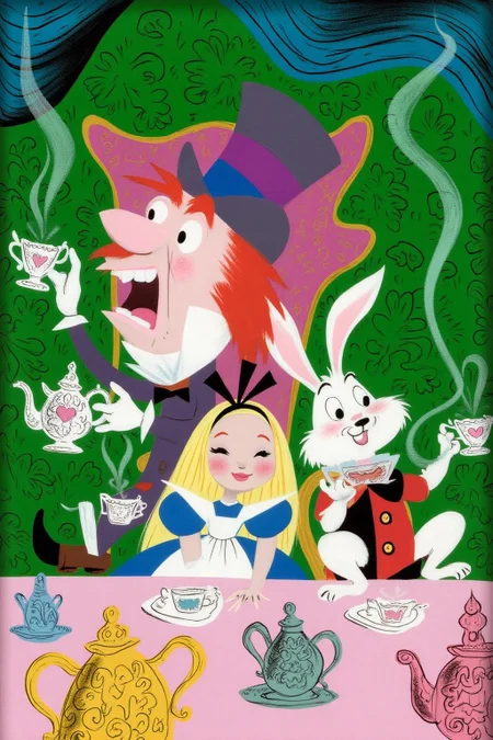 maryblair2 illustration. Three characters sit at a tea table. A girl with long blonde hair in a blue dress and white apron holds a teacup. To her left is a man with red hair and a tall hat, in a purple suit, holding a teapot. To her right is a white rabbit in a red and black outfit, holding a teacup. The table has ornate teapots and the background features a green landscape with swirling patterns and a pink ornate structure.  <lora:maryblair3_cap_d6a3e9:1.0><lora:855821602498084482:0>