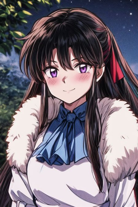 masterpiece,  best quality 1girl Setsun4 solo long hair,  (night time) forest background black hair very long hair purple eyes multicolored hair armor (fur trim) (medium body),<lora:EMS-179-EMS:0.800000>,<lora:EMS-293862-EMS:0.800000> bow, hair_bow, hair_tubes, red_bow, brown_hair, long_hair, bangs, ascot, frilled_bow, yellow_ascot, blush, smile, hair_between_eyes, athletic