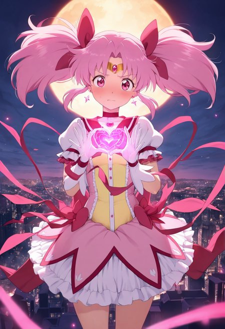 masterpiece,best quality,amazing quality,

a powerful magical girl in a radiant pink and white frilly outfit, transforming for Valentine's Day with explosive heart-shaped magical energy and dazzling glowing sparkles, determined and confident expression, intricately detailed magical girl outfit with flowing ribbons and delicate lace,  a breathtaking city skyline in the background bathed in golden sunset light, dramatic and dynamic lighting,  inspired by classic magical girl anime,  epic Valentine's Day magical transformation, 