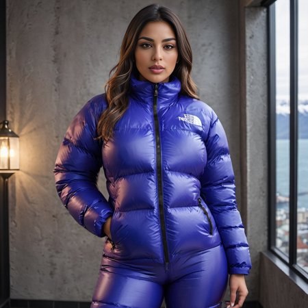 one south american curvy women wearing a tnf_nuptse jacket and  latex downsuit puffer_downsuit , hyperdetailed photography,4k textures,intricate details,4k resolution,  <lora:puffer_downsuit_v1:0.6> fine dining scene 
 <lora:pufferdown_tnf_nuptse:0.6>
